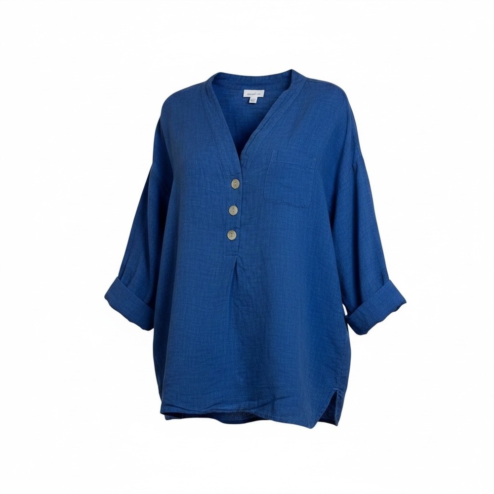 Pure Jill J Jill Blue 100% Linen Henley Lagenlook Top Medium Petite 3/4 Sleeve